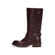 Burgundy Leather Ankle-Buckle Snap-Cuff Mid-Calf Boots