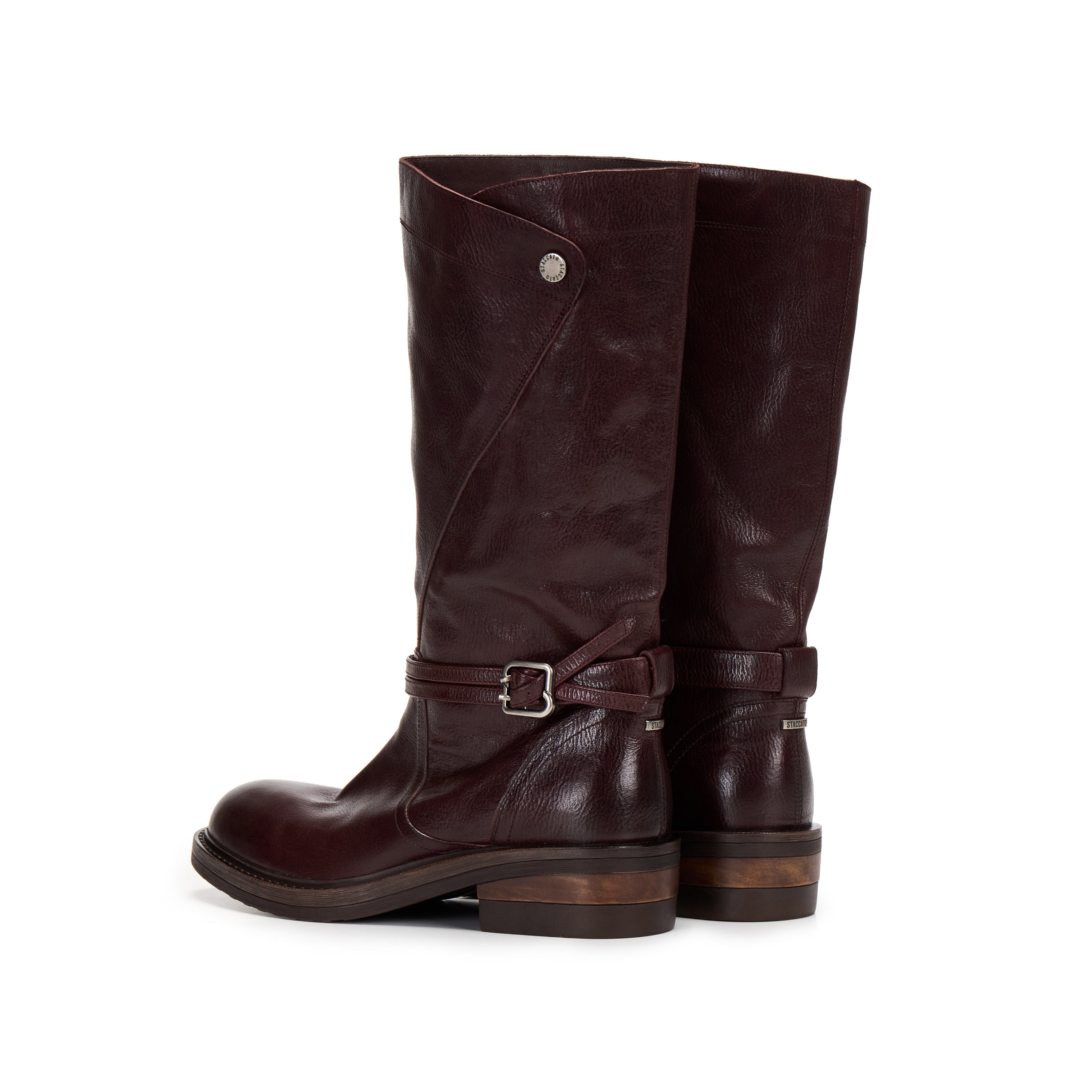 Burgundy Leather Ankle-Buckle Snap-Cuff Mid-Calf Boots