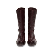 Burgundy Leather Ankle-Buckle Snap-Cuff Mid-Calf Boots