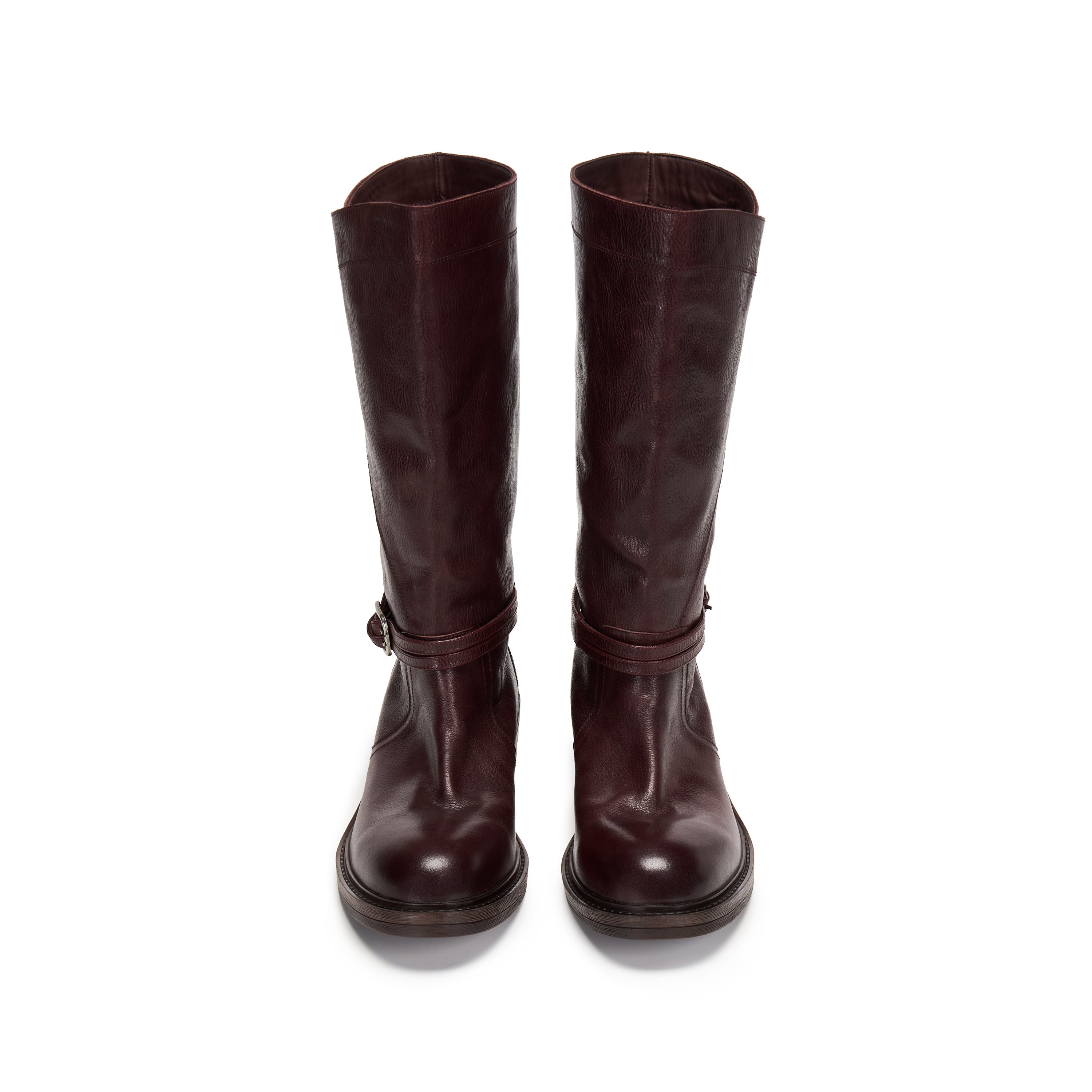 Burgundy Leather Ankle-Buckle Snap-Cuff Mid-Calf Boots