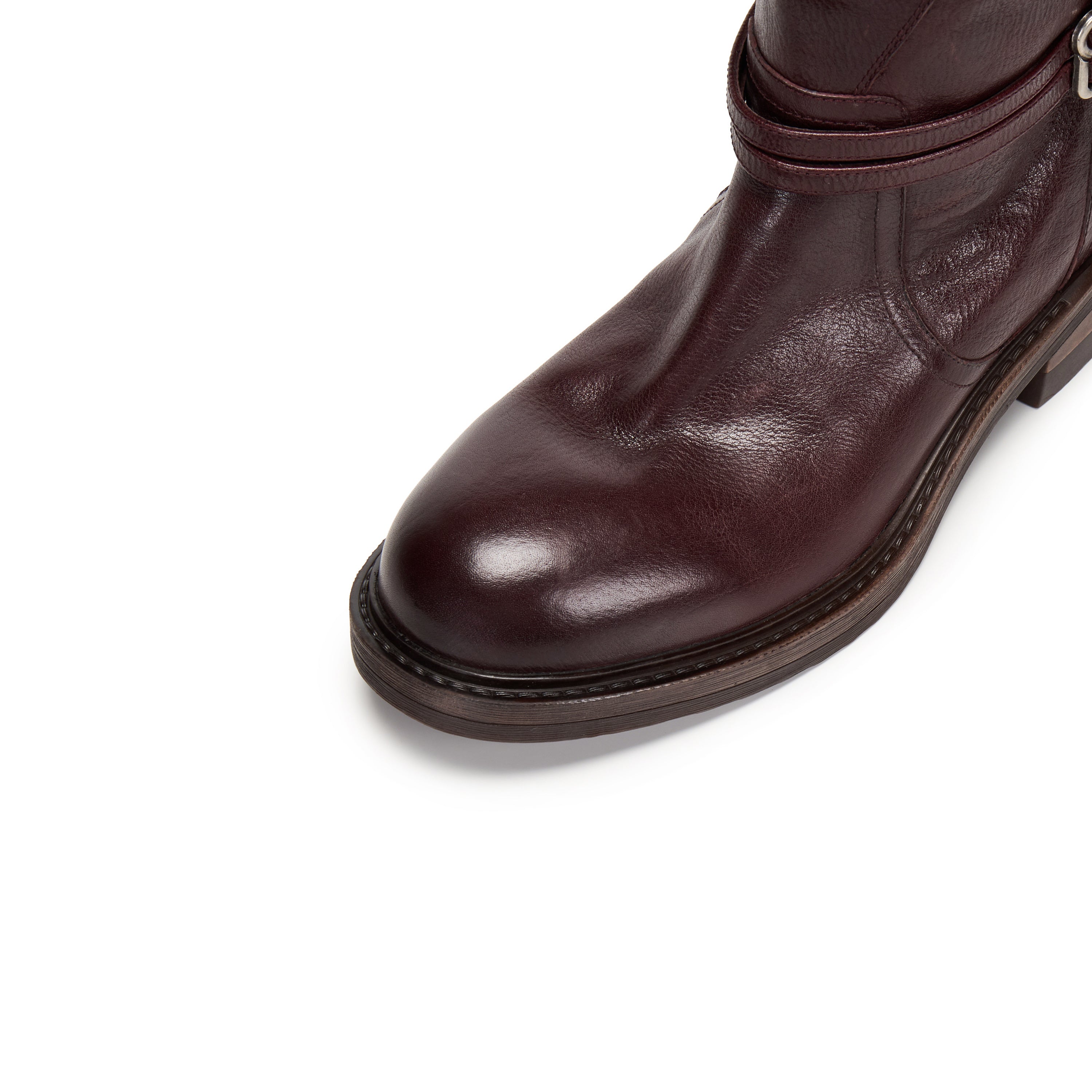 Burgundy Leather Ankle-Buckle Snap-Cuff Mid-Calf Boots