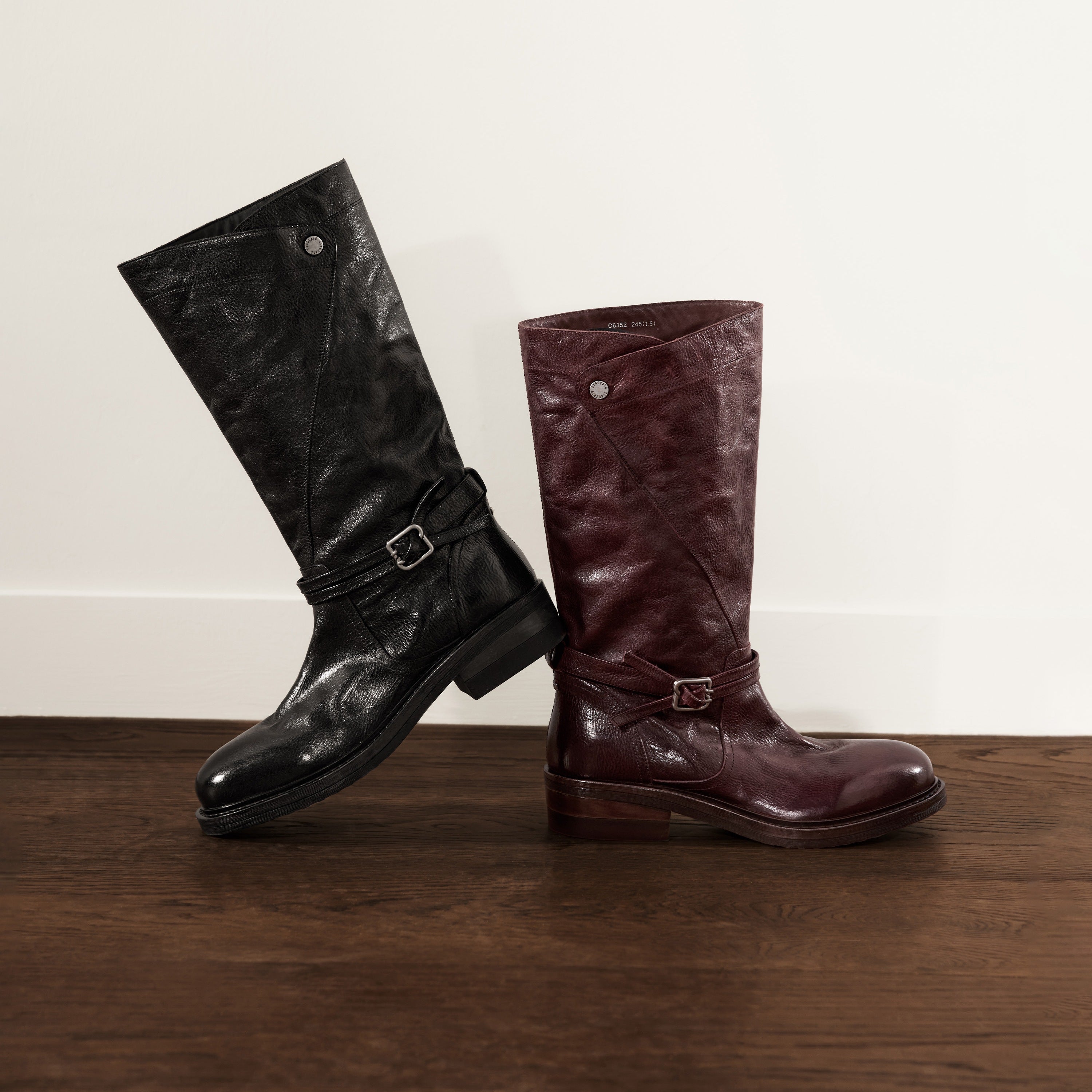 Burgundy Leather Ankle-Buckle Snap-Cuff Mid-Calf Boots