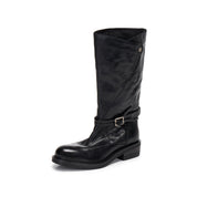 Black Leather Ankle-Buckle Snap-Cuff Mid-Calf Boots