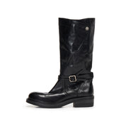 Black Leather Ankle-Buckle Snap-Cuff Mid-Calf Boots