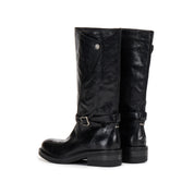 Black Leather Ankle-Buckle Snap-Cuff Mid-Calf Boots