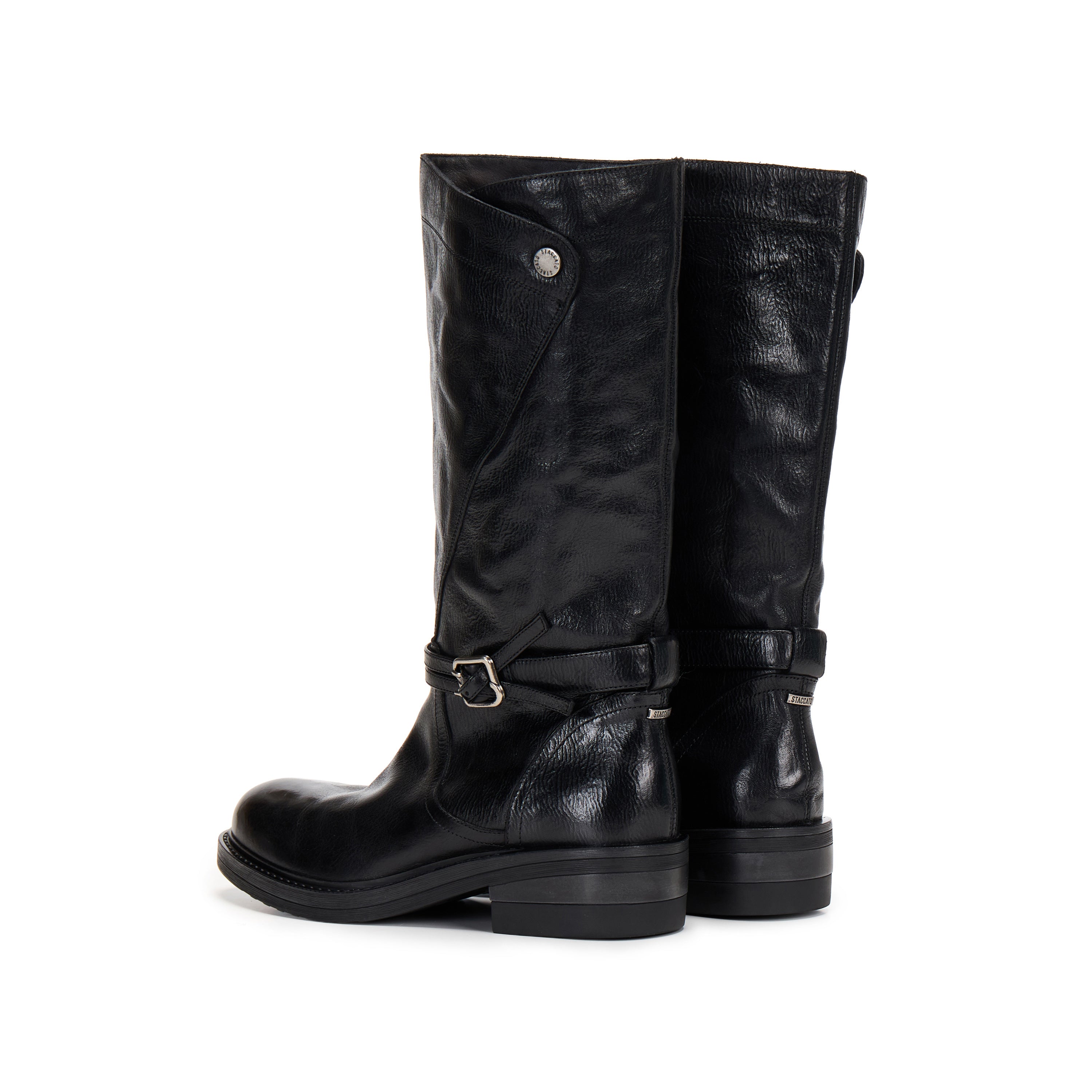Black Leather Ankle-Buckle Snap-Cuff Mid-Calf Boots