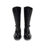 Black Leather Ankle-Buckle Snap-Cuff Mid-Calf Boots