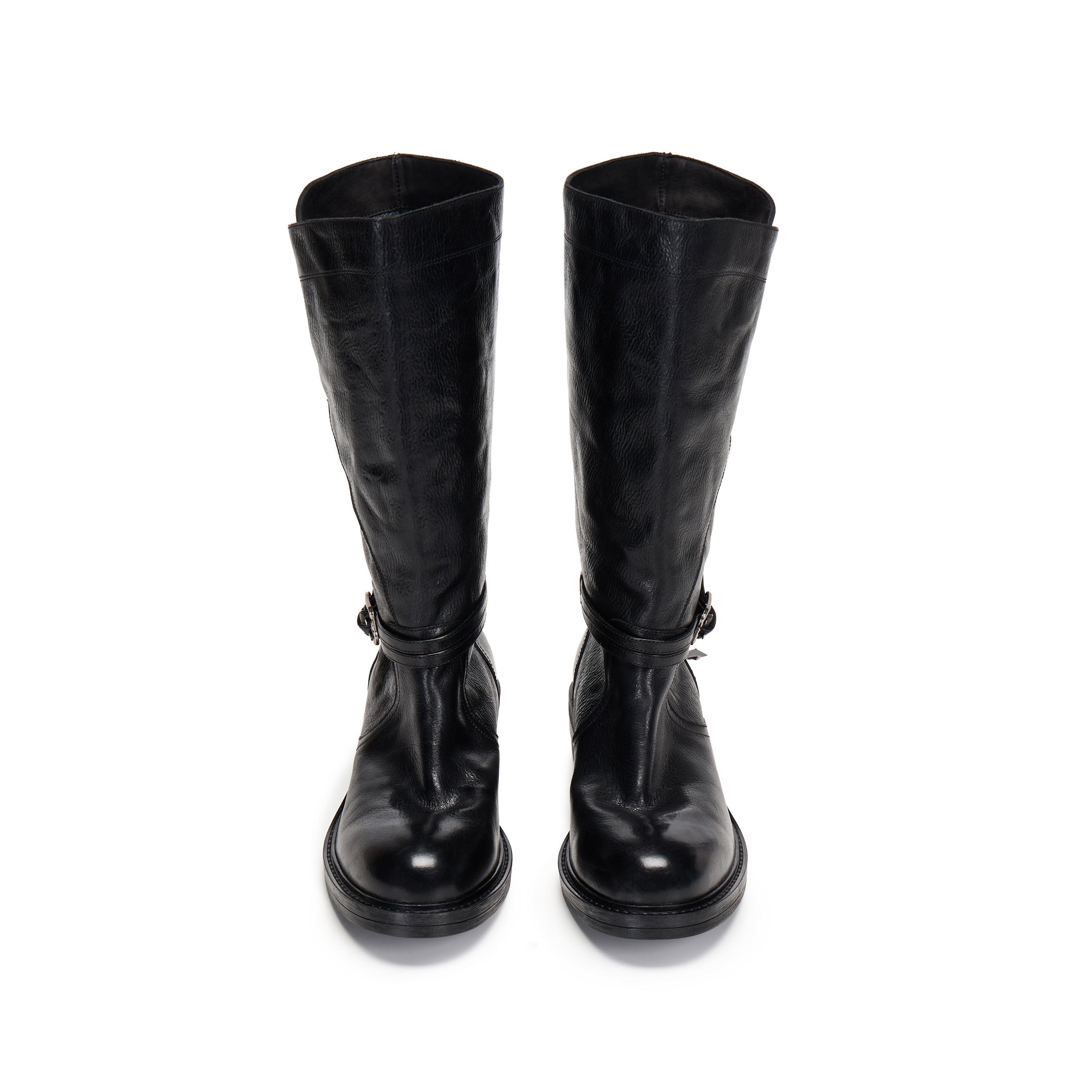 Black Leather Ankle-Buckle Snap-Cuff Mid-Calf Boots