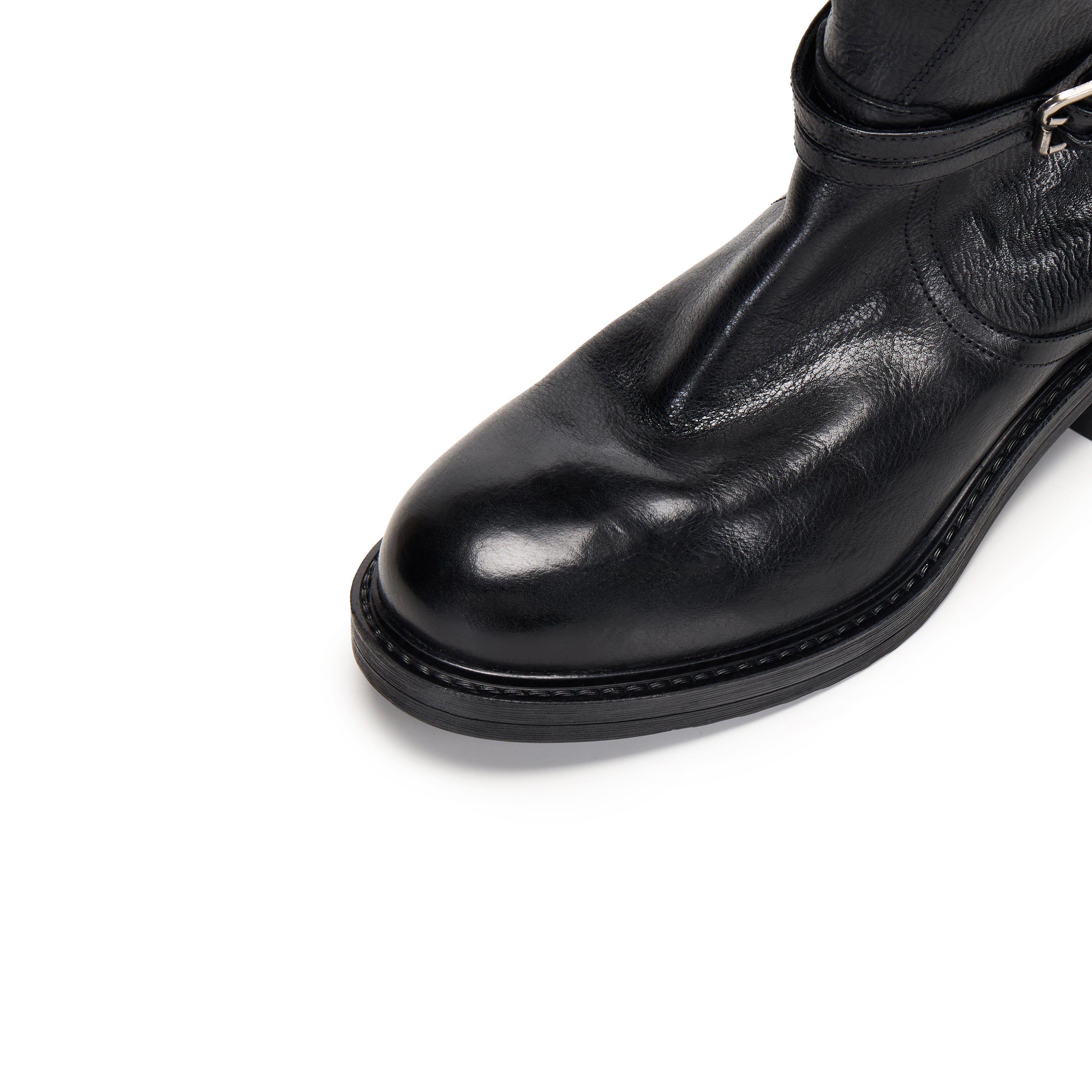 Black Leather Ankle-Buckle Snap-Cuff Mid-Calf Boots