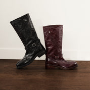 Black Leather Ankle-Buckle Snap-Cuff Mid-Calf Boots