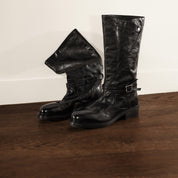 Black Leather Ankle-Buckle Snap-Cuff Mid-Calf Boots