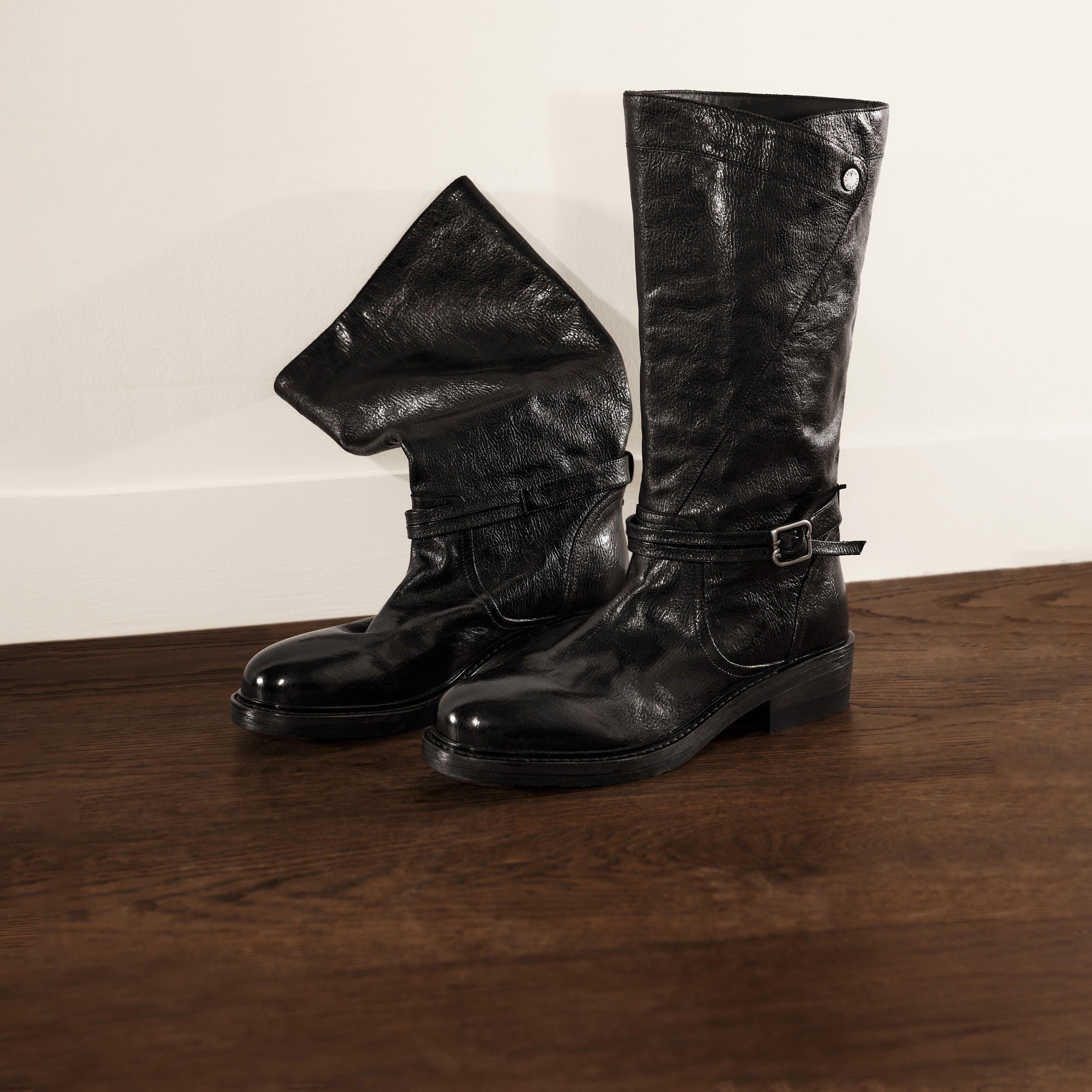 Black Leather Ankle-Buckle Snap-Cuff Mid-Calf Boots