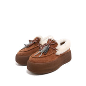 Rusty Brown Calf-Split Shearling-Lined Platform Moccasins with Charm Tassel