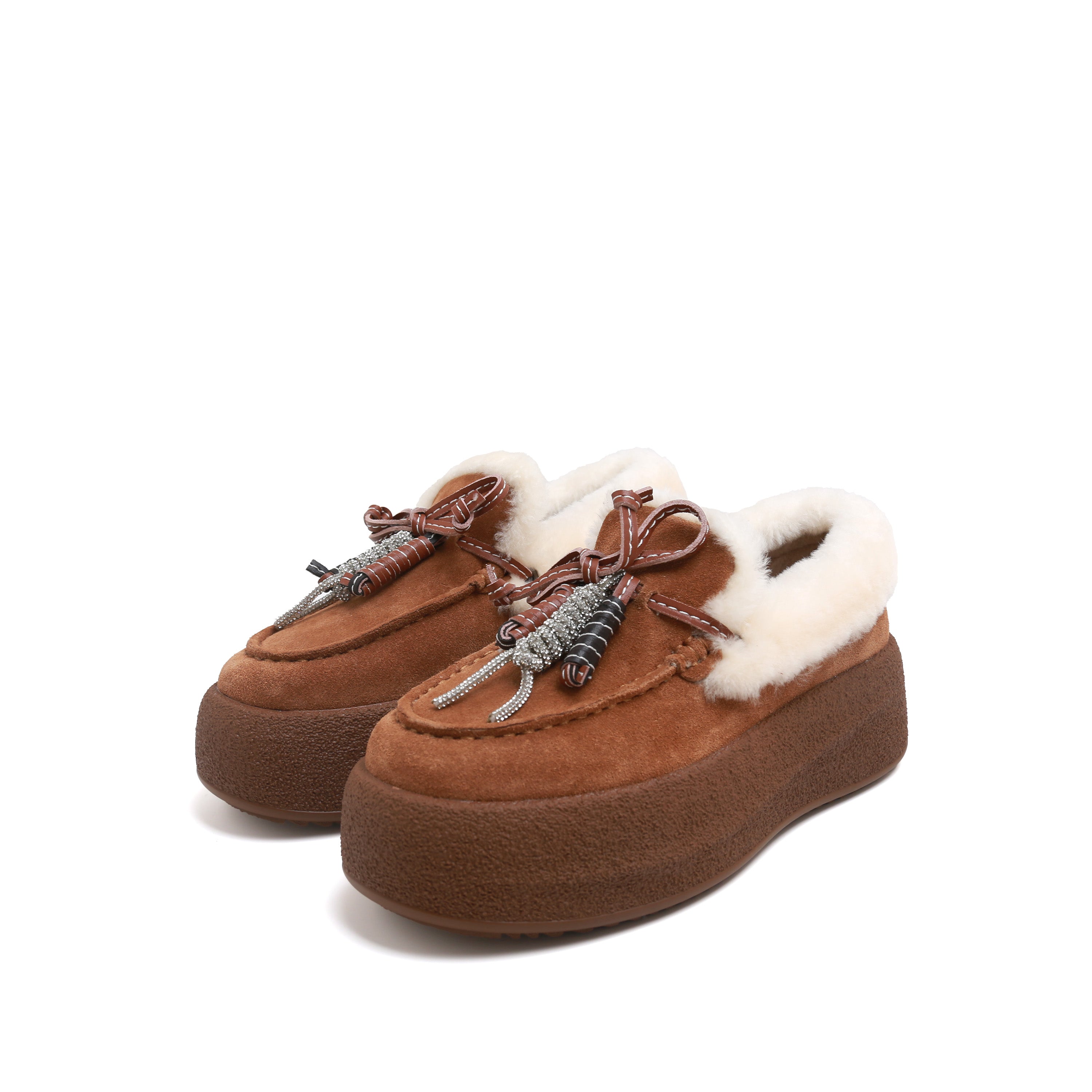 Rusty Brown Calf-Split Shearling-Lined Platform Moccasins with Charm Tassel