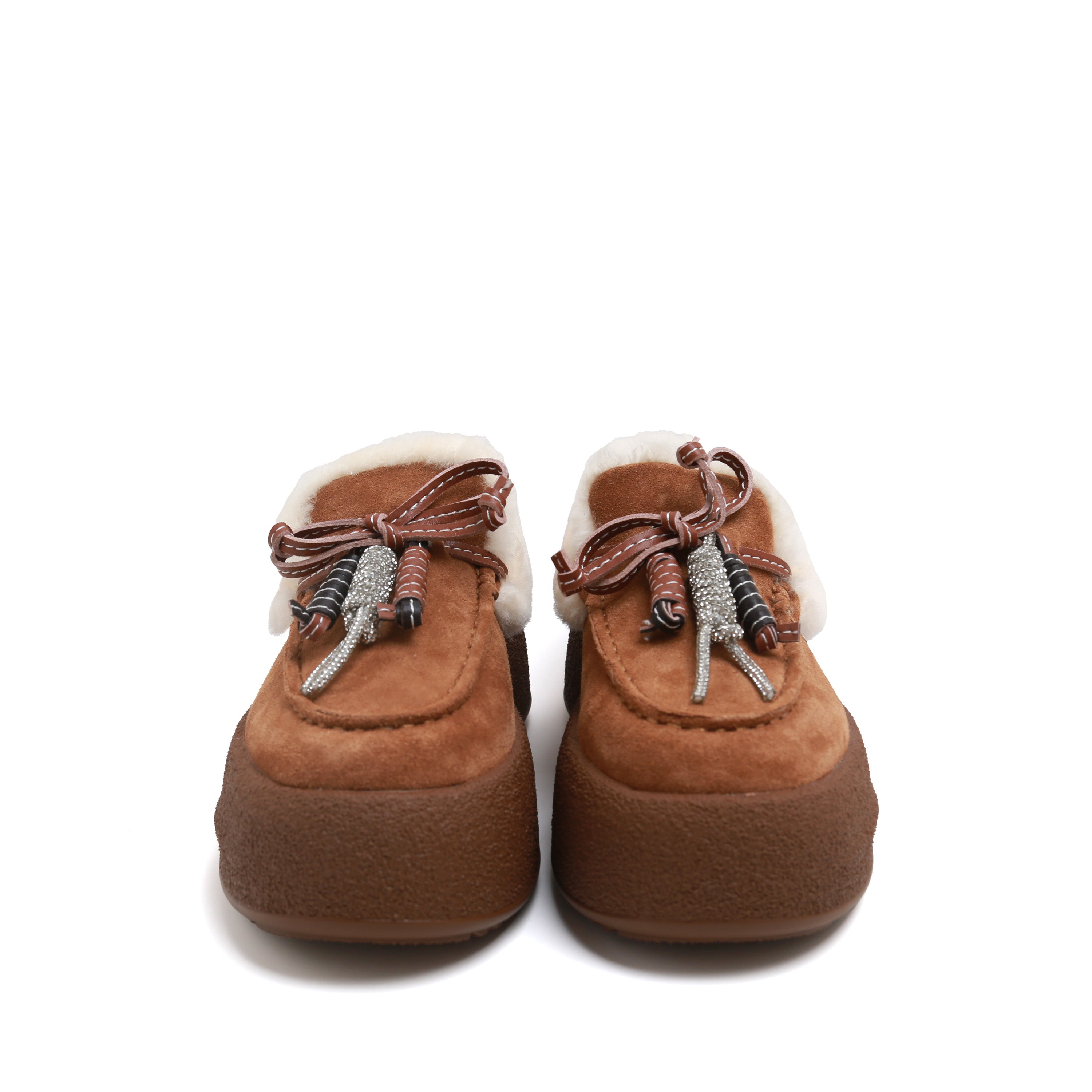 Rusty Brown Calf-Split Shearling-Lined Platform Moccasins with Charm Tassel