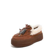 Rusty Brown Calf-Split Shearling-Lined Platform Moccasins with Charm Tassel