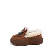 Rusty Brown Calf-Split Shearling-Lined Platform Moccasins with Charm Tassel