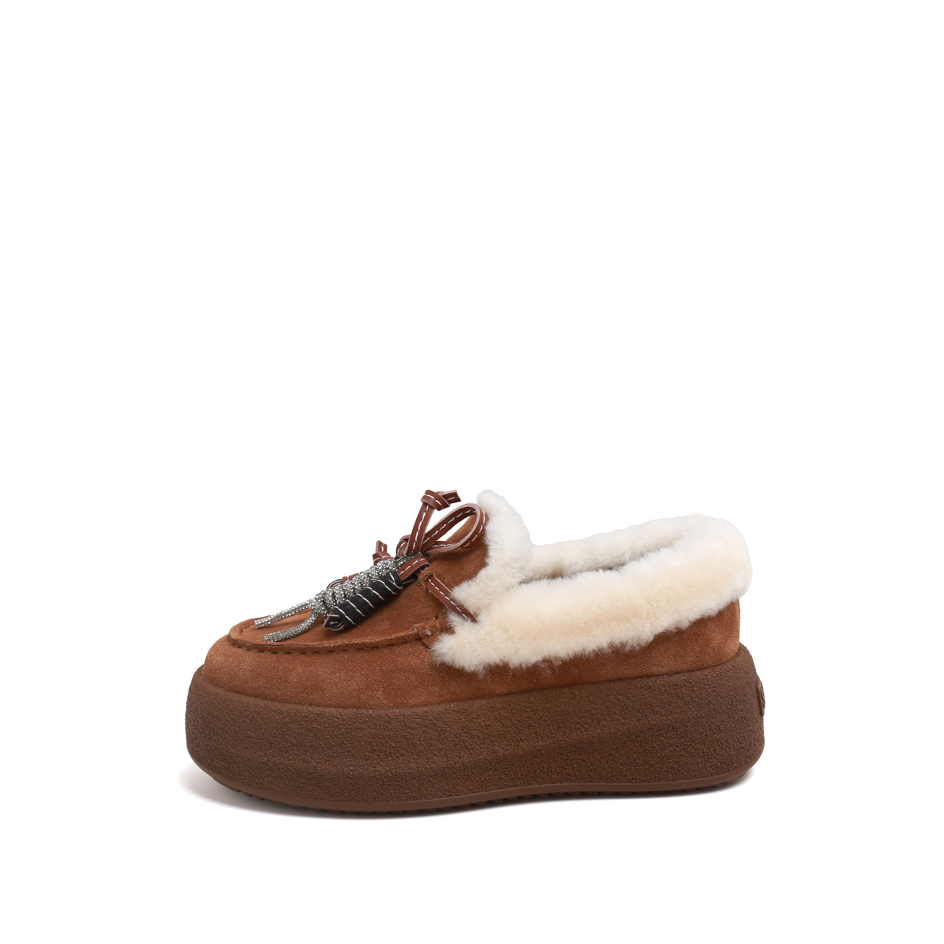 Rusty Brown Calf-Split Shearling-Lined Platform Moccasins with Charm Tassel
