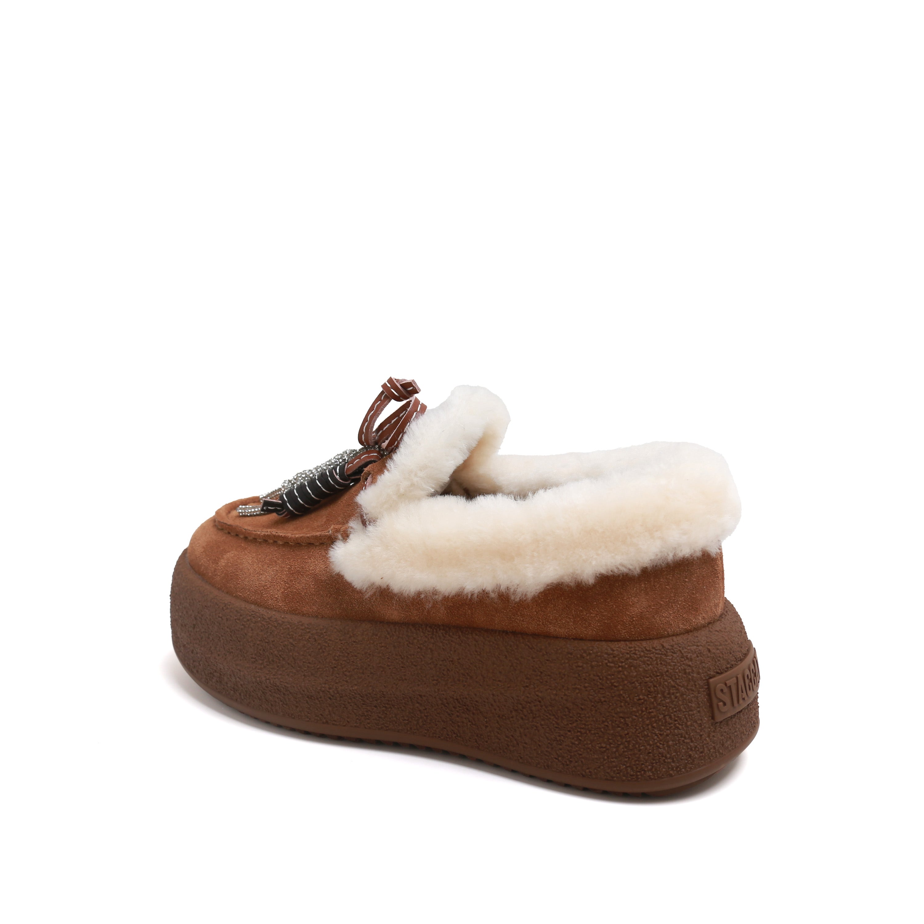 Rusty Brown Calf-Split Shearling-Lined Platform Moccasins with Charm Tassel