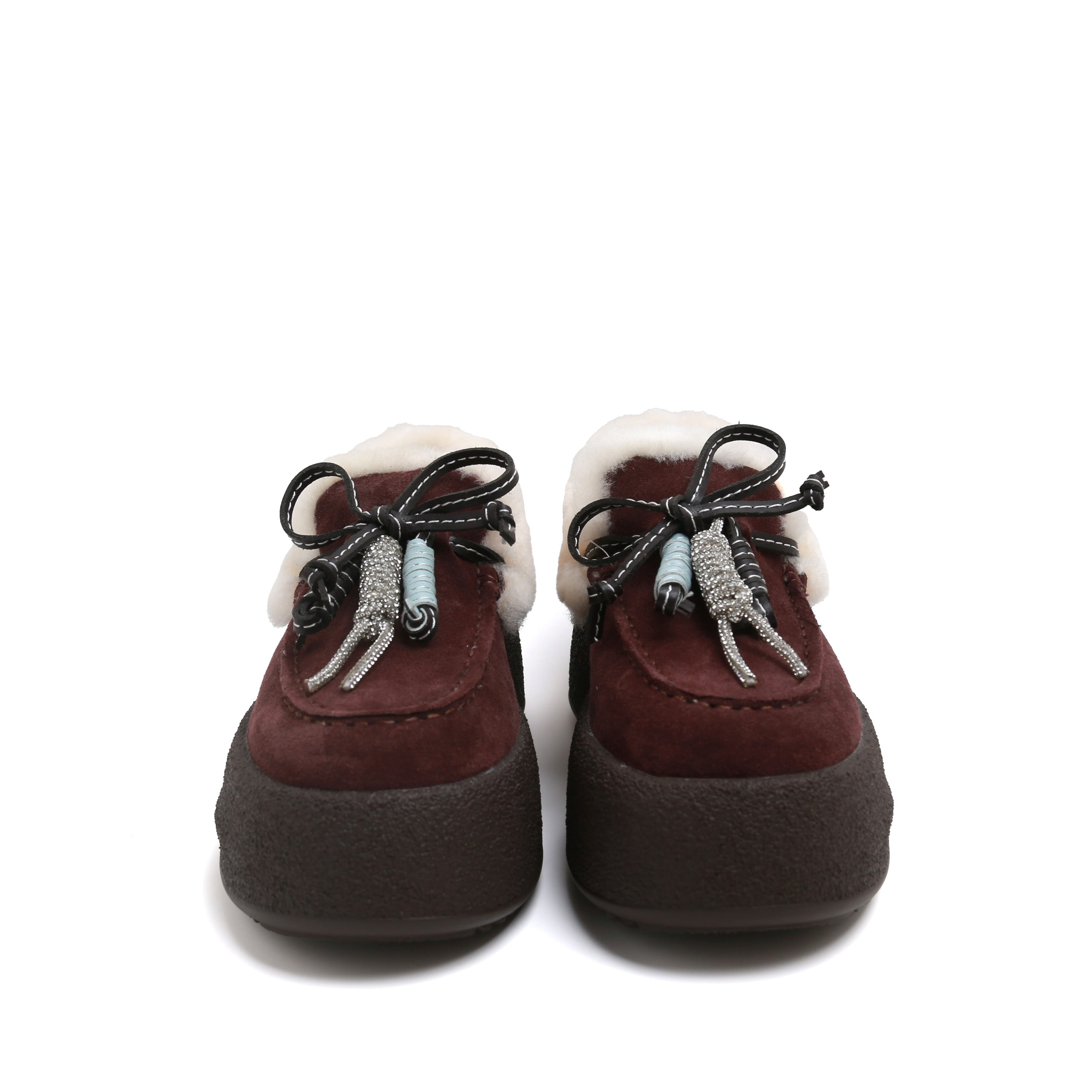 Brown Calf-Split Shearling-Lined Platform Moccasins with Charm Tassel