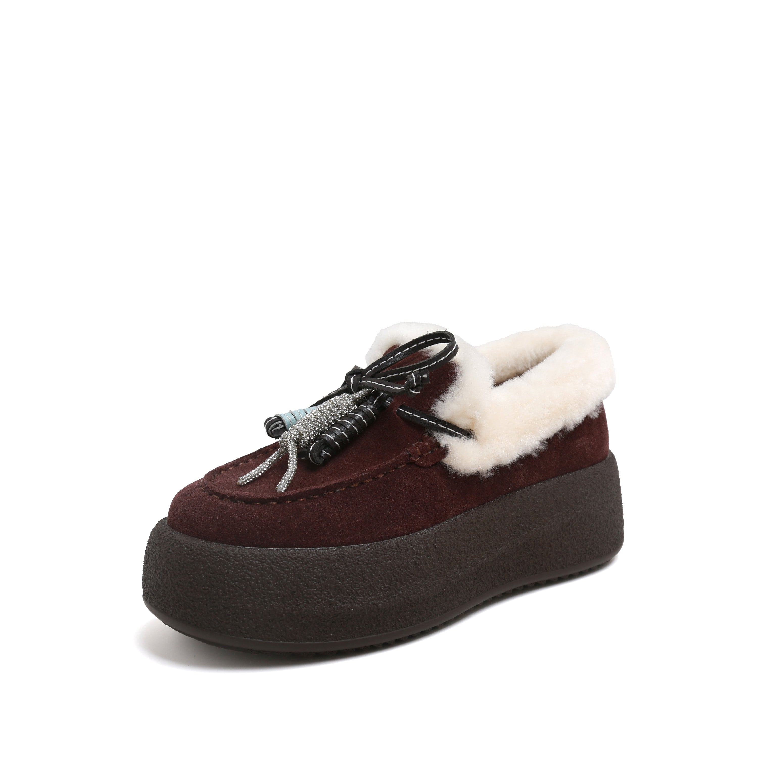Brown Calf-Split Shearling-Lined Platform Moccasins with Charm Tassel