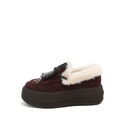 Brown Calf-Split Shearling-Lined Platform Moccasins with Charm Tassel