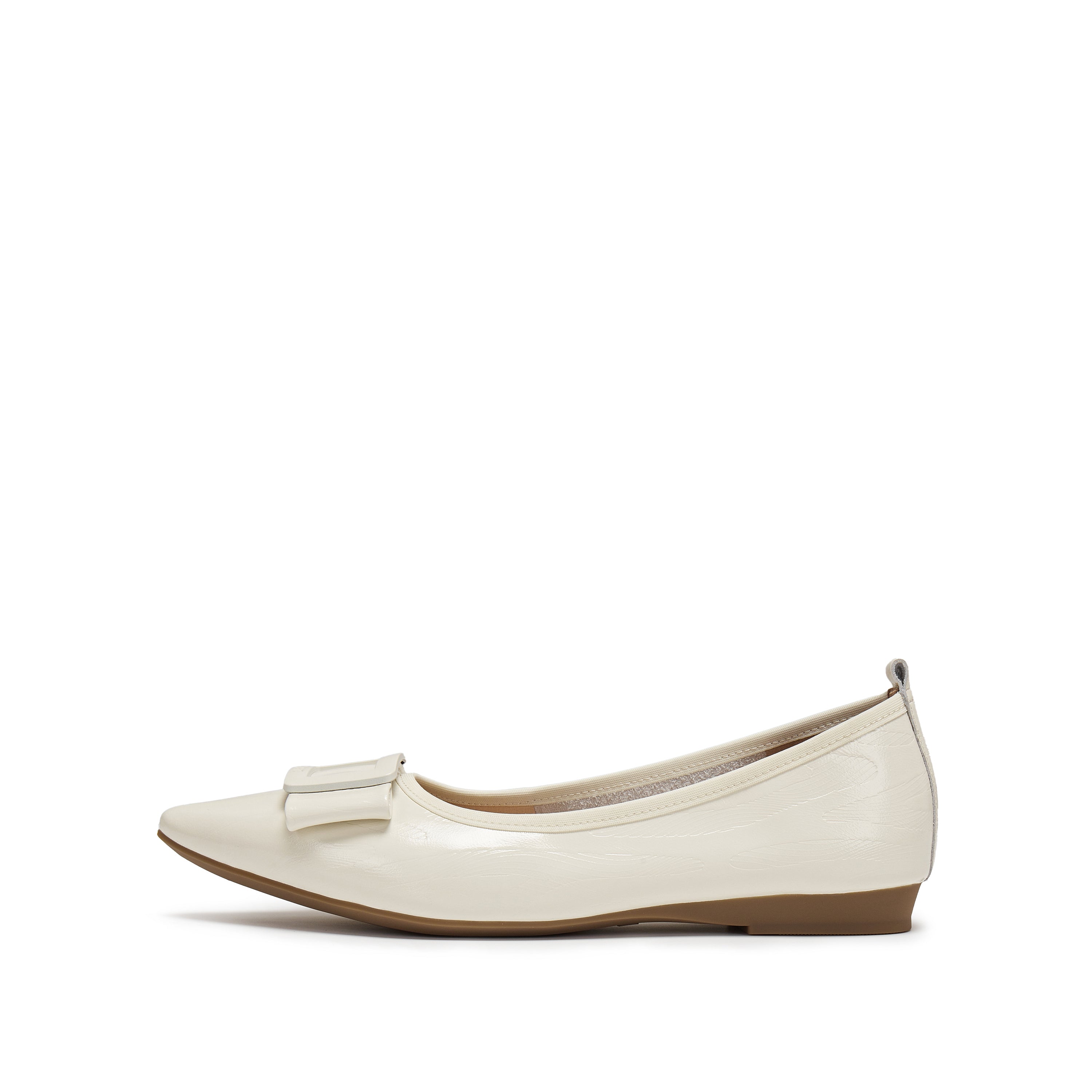 White Patent Buckle Bow Pointy Flats