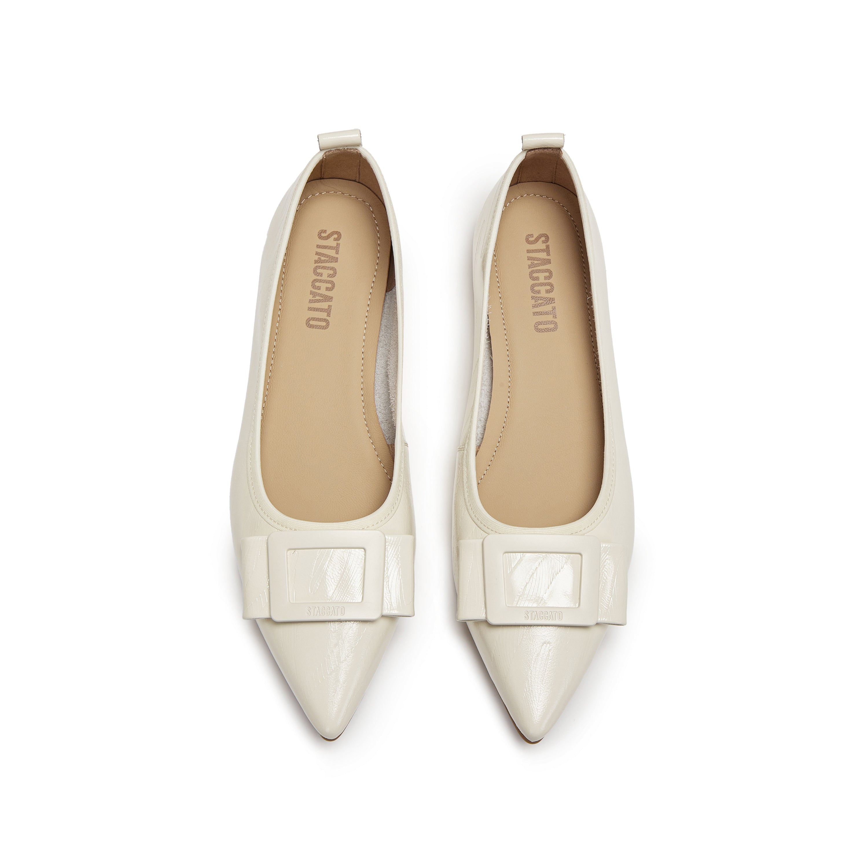 White Patent Buckle Bow Pointy Flats