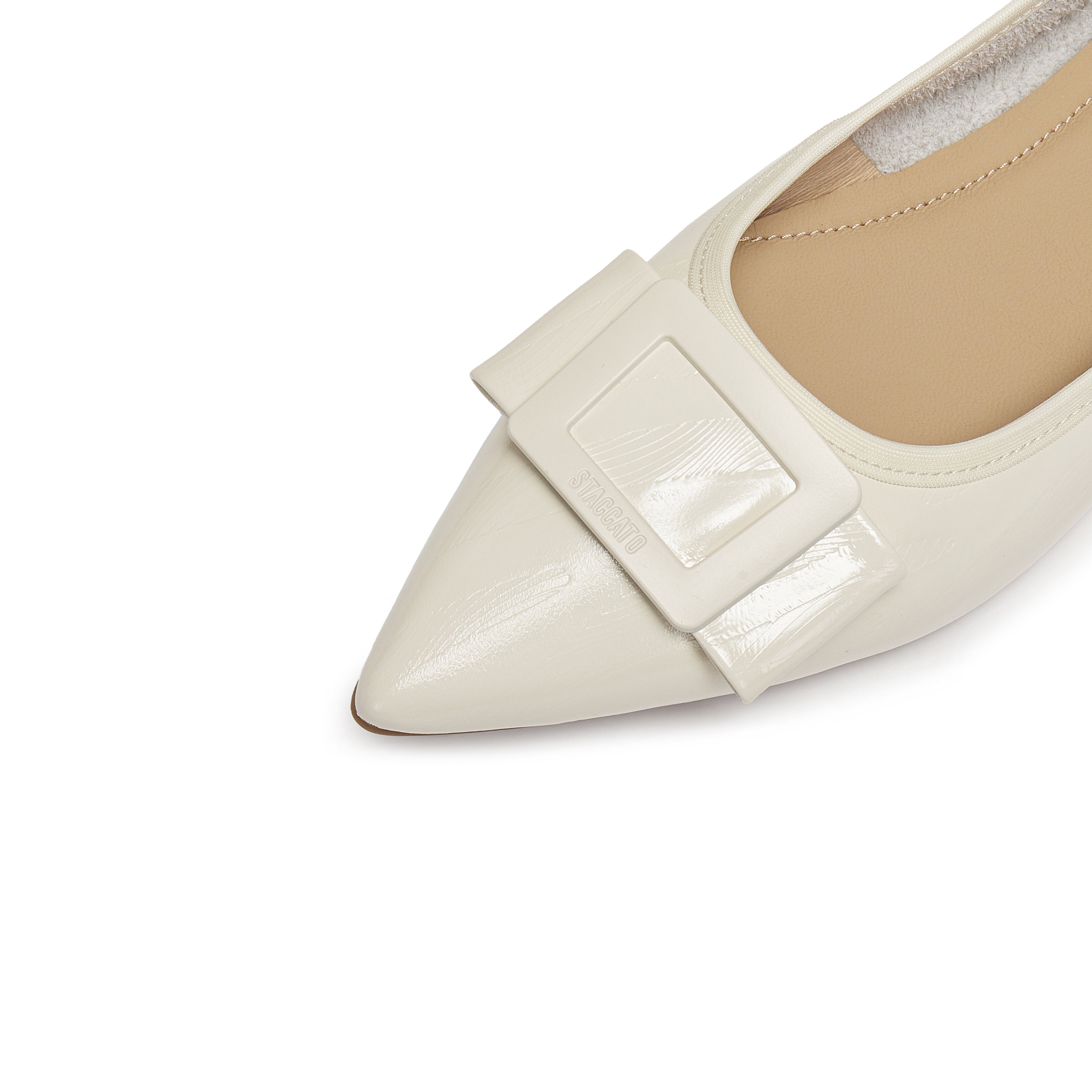 White Patent Buckle Bow Pointy Flats