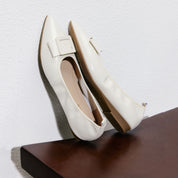 White Patent Buckle Bow Pointy Flats