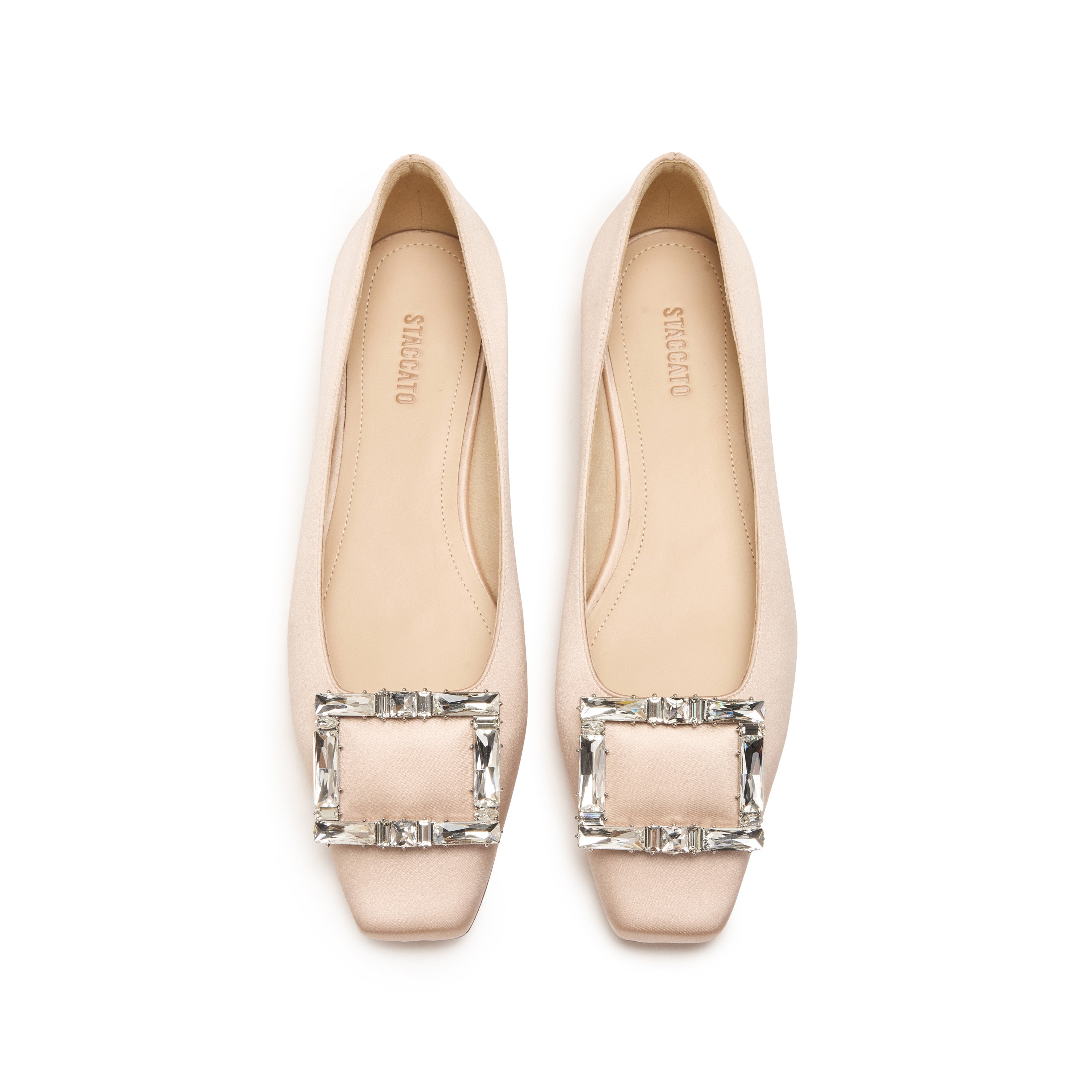 Champagne Satin Crystal Buckle Ballet Flats