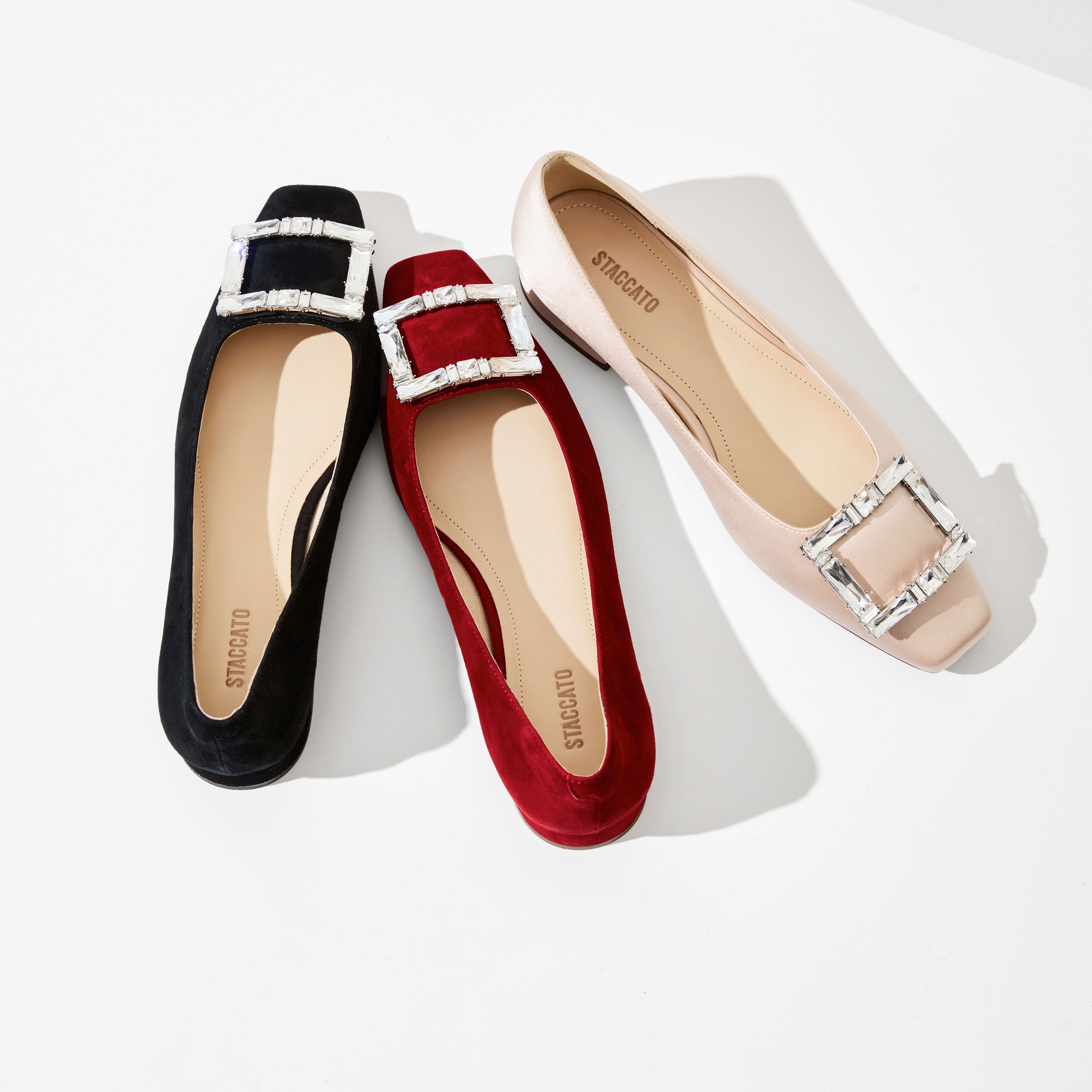 Champagne Satin Crystal Buckle Ballet Flats