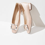 Champagne Satin Crystal Buckle Ballet Flats