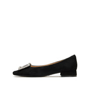 Black Suede Crystal Buckle Ballet Flats