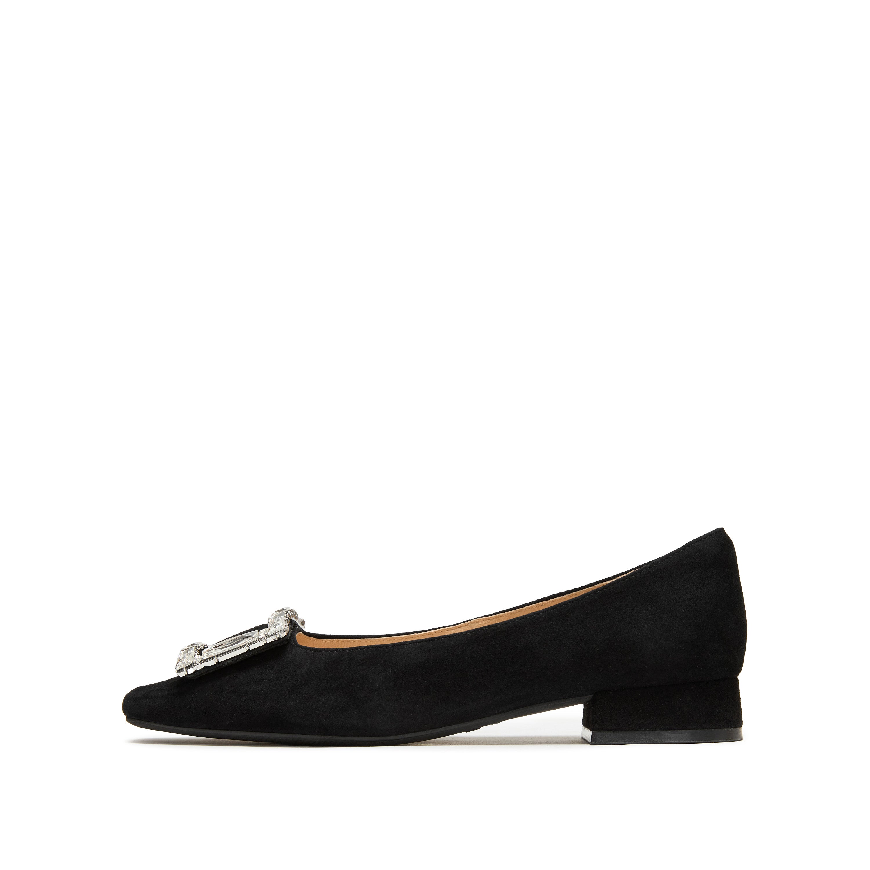 Black Suede Crystal Buckle Ballet Flats