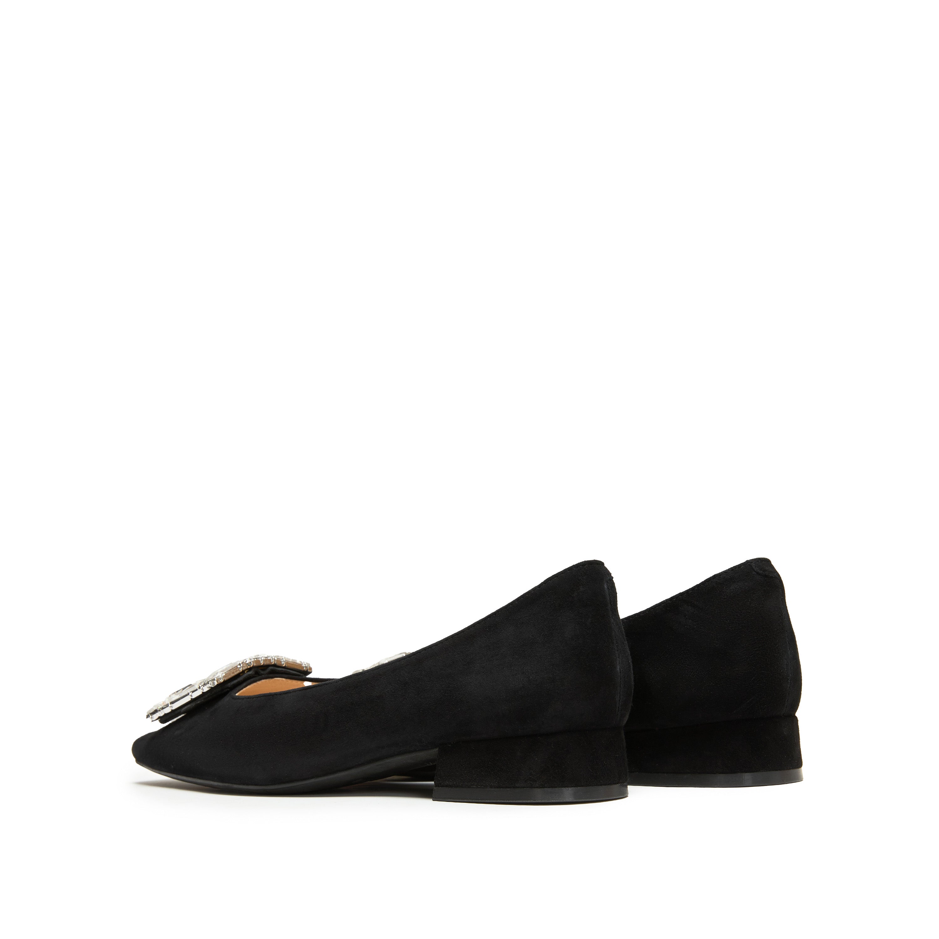 Black Suede Crystal Buckle Ballet Flats
