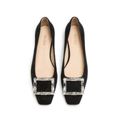 Black Suede Crystal Buckle Ballet Flats