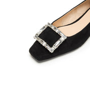 Black Suede Crystal Buckle Ballet Flats