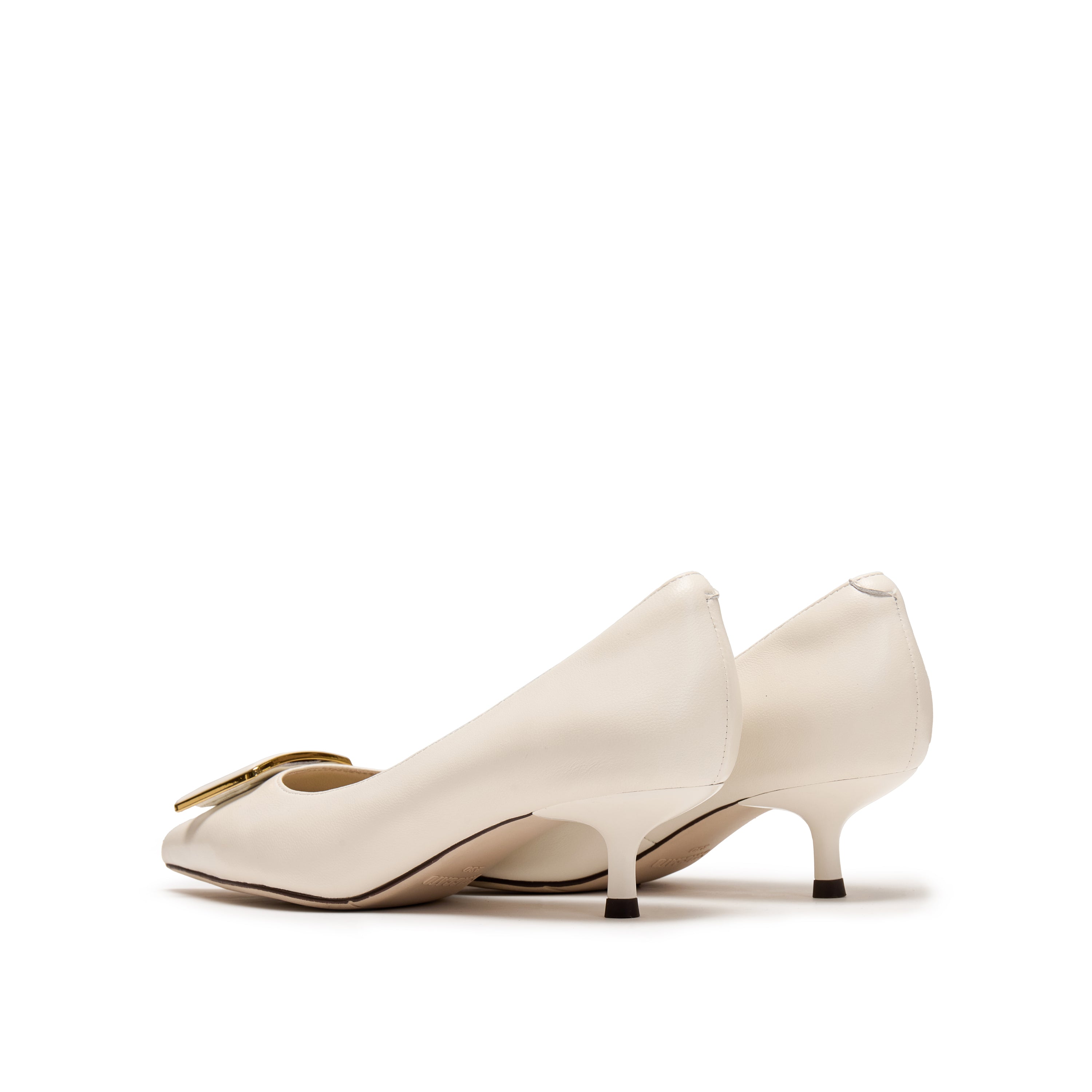 Beige Leather Square Buckle Pointy Pumps