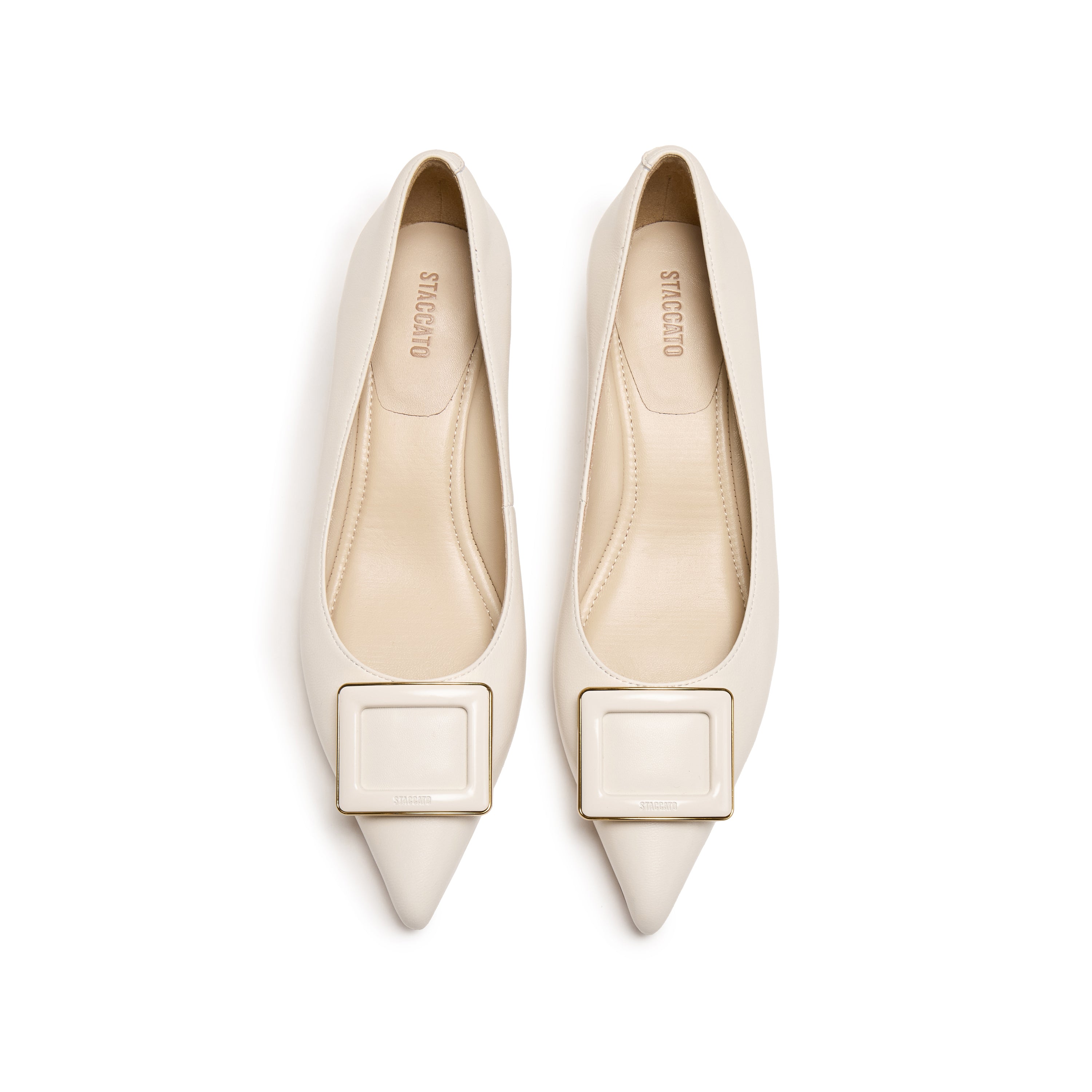Beige Leather Square Buckle Pointy Pumps