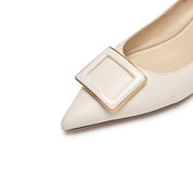 Beige Leather Square Buckle Pointy Pumps