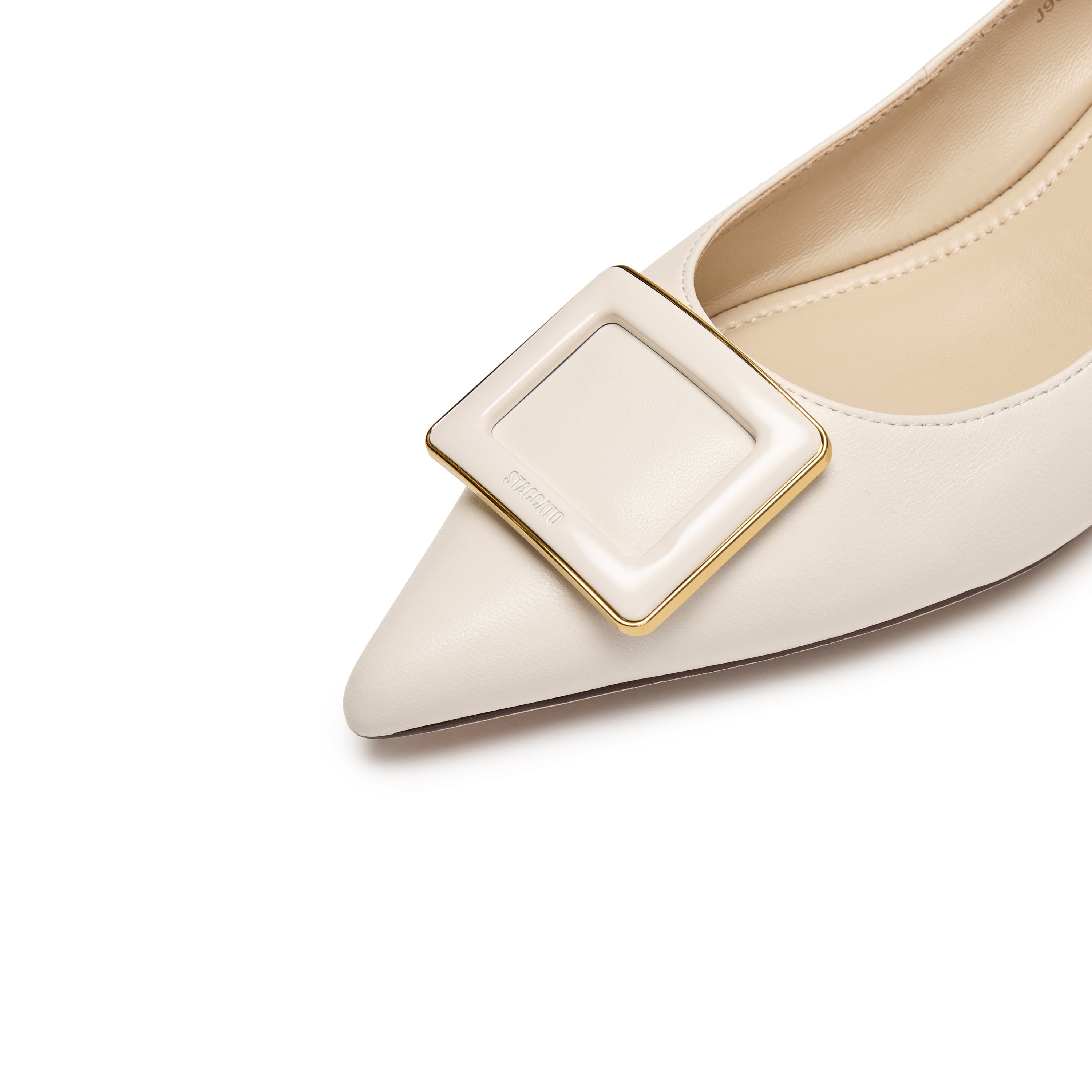Beige Leather Square Buckle Pointy Pumps