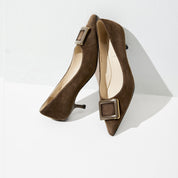 Beige Leather Square Buckle Pointy Pumps