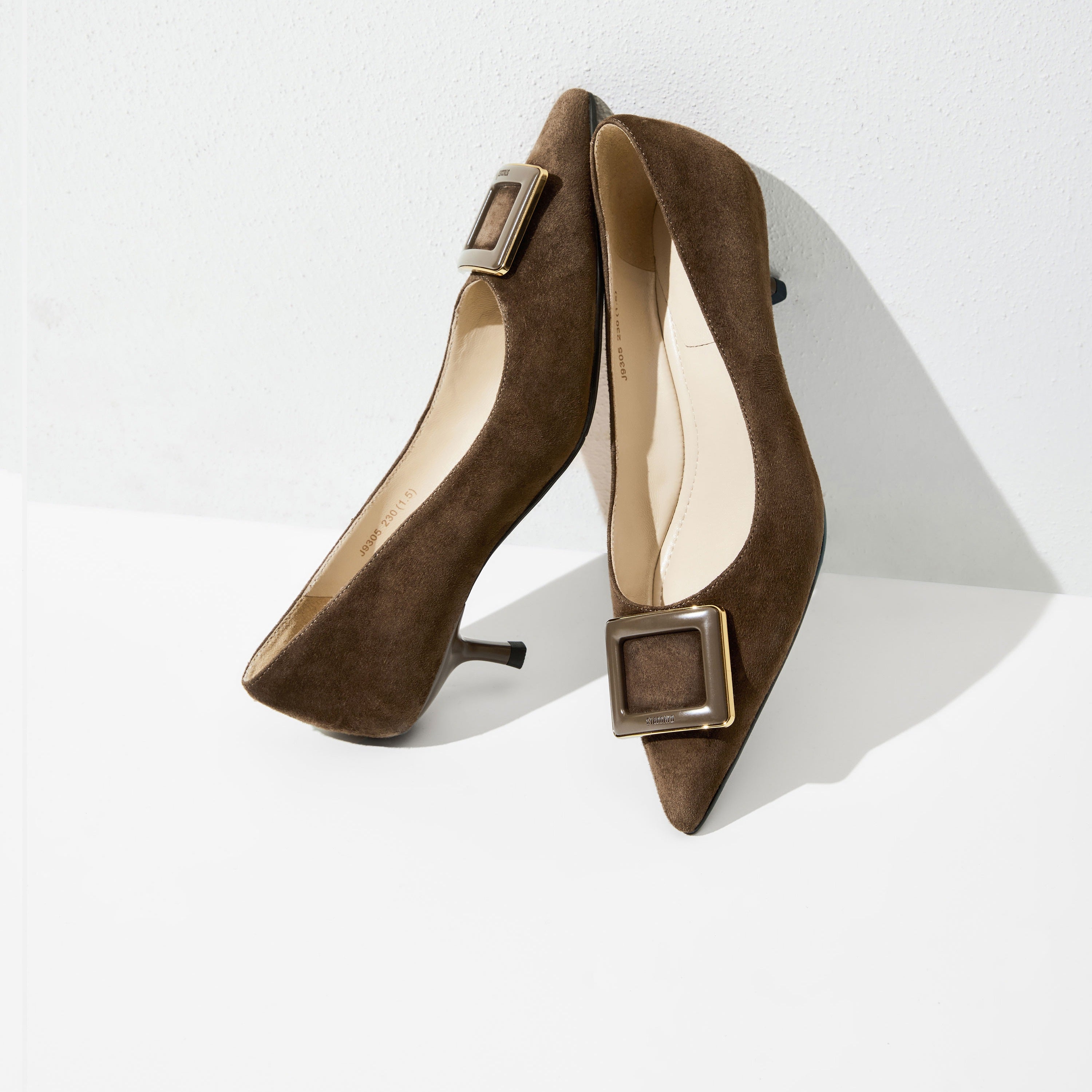 Beige Leather Square Buckle Pointy Pumps