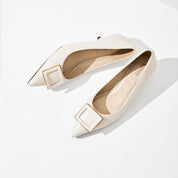 Beige Leather Square Buckle Pointy Pumps