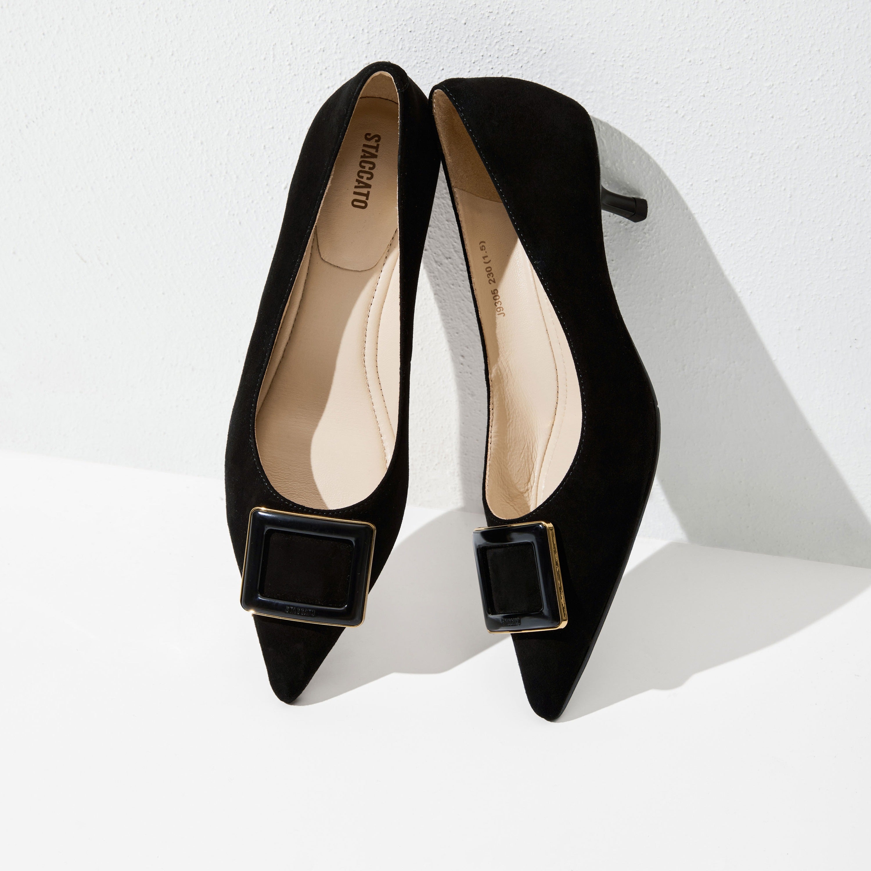 Black Suede Square Buckle Pointy Pumps