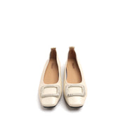 Beige Waxy Silver Buckle Square Toe Flats