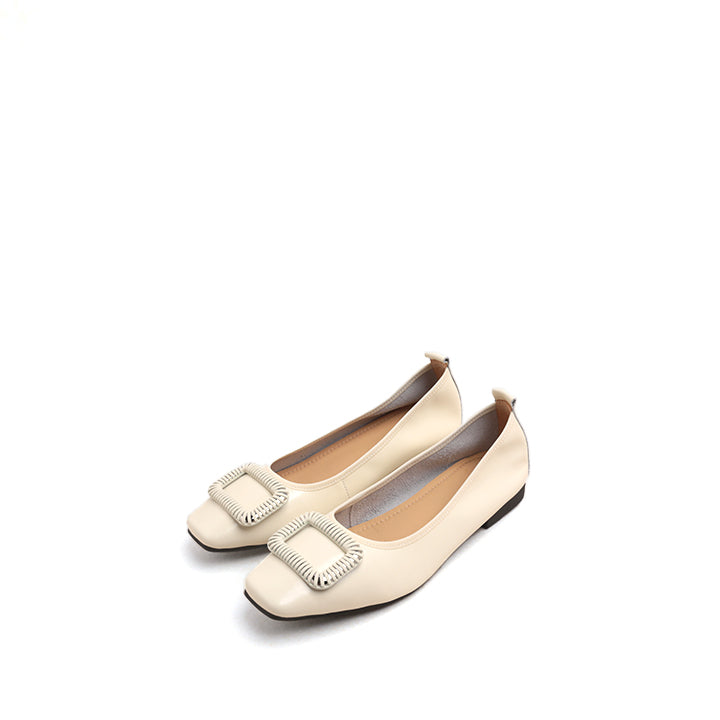Beige Waxy Silver Buckle Square Toe Flats