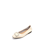 Beige Waxy Silver Buckle Square Toe Flats