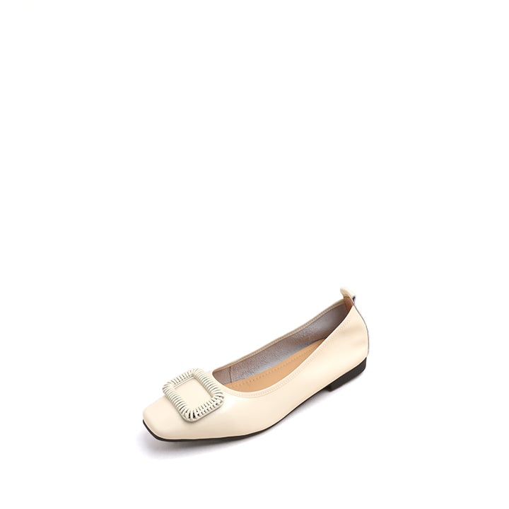 Beige Waxy Silver Buckle Square Toe Flats